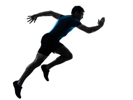 one caucasian man runner running sprinter sprinting  in silhouette studio  isolated on white background