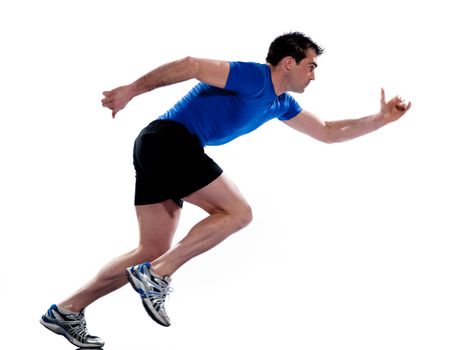 man profile running sprinting full length on studio white isolated background