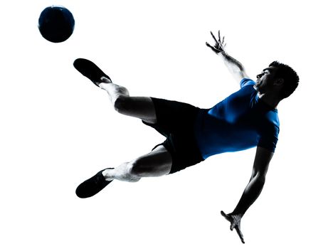 one caucasian man flying kicking playing soccer football player silhouette  in studio isolated on white background