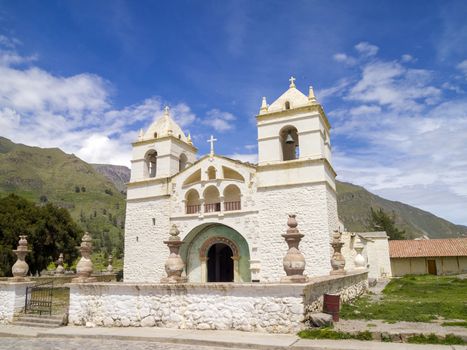 Colonial church on the main plaza in Maca. Colca canyon area, Arequipa, Peru.