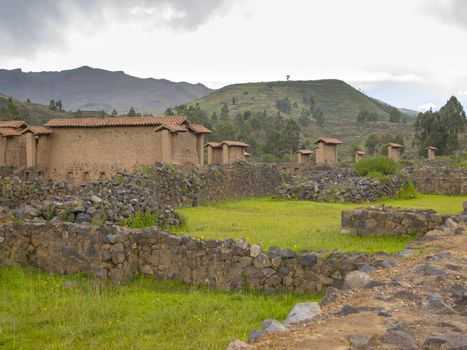 Fairground and baths in Raqchi, an Inca archaeological site in the Cusco region in Peru.