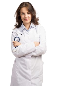 woman doctor, crossed her arms and smiles, isolated on white background