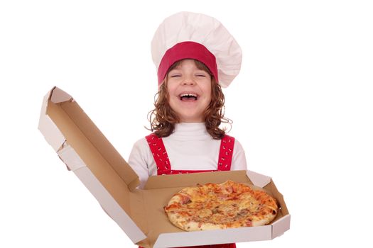 beautiful happy little girl cook hold box with pizza