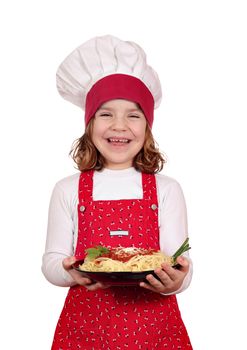 beautiful happy little girl cook with spaghetti