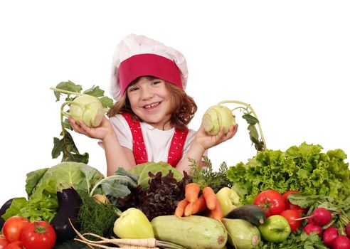 beautiful happy little girl cook with vegetables