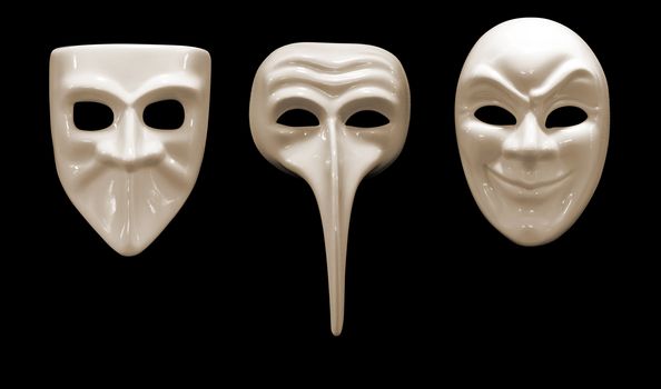 The three emotional mask made ​​of porcelain on black background