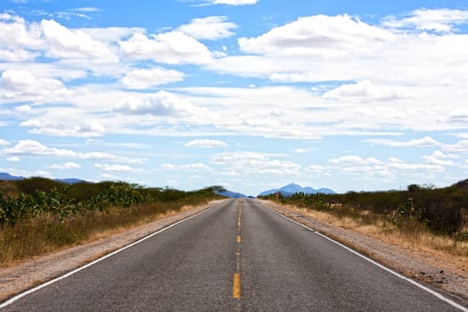 straight road of ceara state in brazil with blue sky and clouds