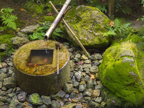 Japanese style traditional bamboo fountain at Ryoan-ji temple, Kyoto, Japan