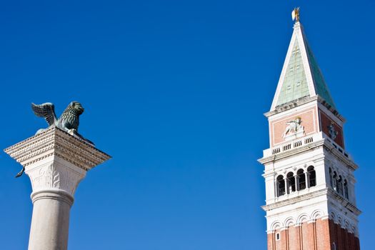 campanile with the lion statue pazzia san marco saint mark square in the beautiful city of venice in italy