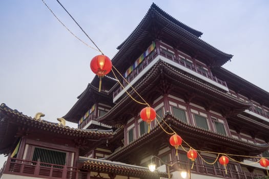 famous Buddha Tooth Relic Temple in Singapore by twilight