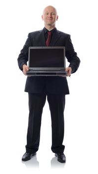 man in suit with laptop isolated on white 