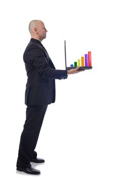 man presenting laptop growth chart  in side view on white background 