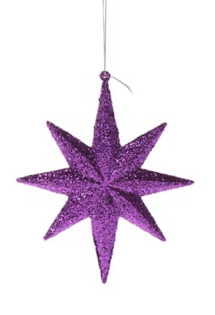 Purple glittering star shaped Christmas ornament isolated on pure white background 