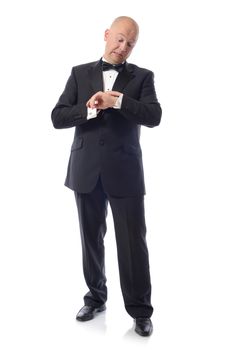 man in tuxedo late for something important