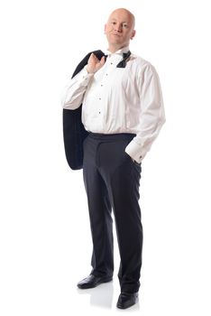 man in tuxedo with jacket off relaxed isolated on white