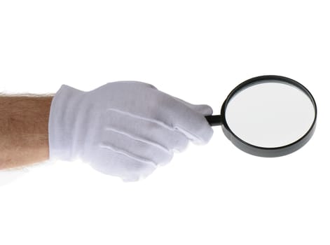 White glove holding a magnifying glass isolated on white