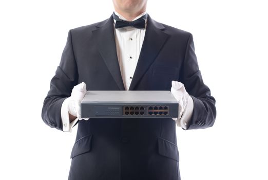 smart dressed man holding network switch