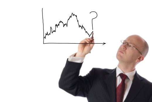 businessman drawing on copy space of stock market chart isolated on white