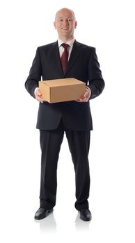 man in suit presenting a cardboard box parcel isolated on white