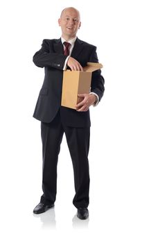 Businessmen in black suit Open blank brown paper box isolated on white