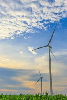 A pair of Wind Turbine Generators in the corn field before sunset.