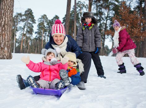 Four kids with mother is sledging in winter-landscape