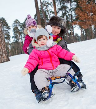 Cute three kids on sleds in snow forest. Focus on the boy