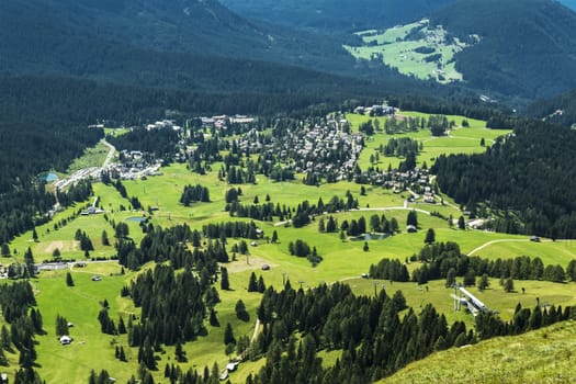 Aerial view of the village of Karersee in a summer day, Trentino Alto Adige - Dolomiti