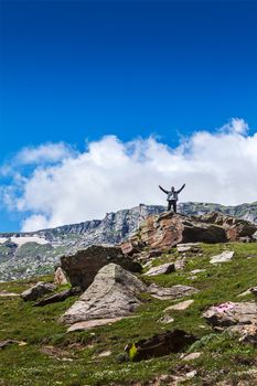 Happy tourist in mountains Himalayas, India