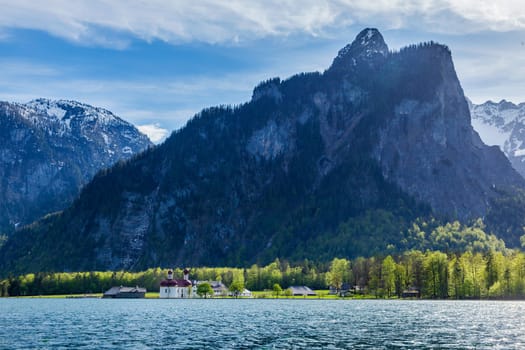 Koningsee lake and St. Bartholomew's Church in Bavarian Alps, Berchtesgaden, Bavaria, Germany