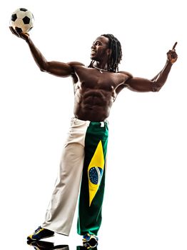 one brazilian black man soccer player holding showing football  on white background