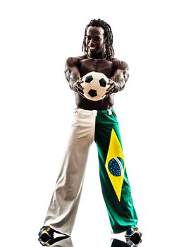 one brazilian black man soccer player holding showing football  on white background