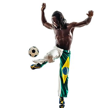 one brazilian  black man soccer player juggling football on white background