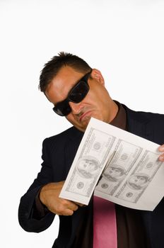 Mafia looking type of guy forging dollar bills