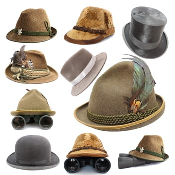 collection of oktoberfest and hunting vintage hats isolated over white background