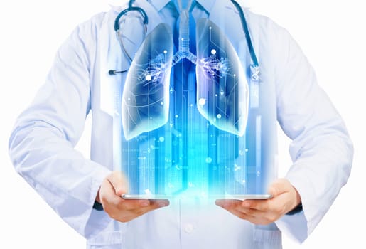 Close up of doctor's body holding tablet pc with media illustration