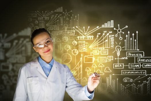 Young woman researcher in medical uniform drawing chemistry formulas