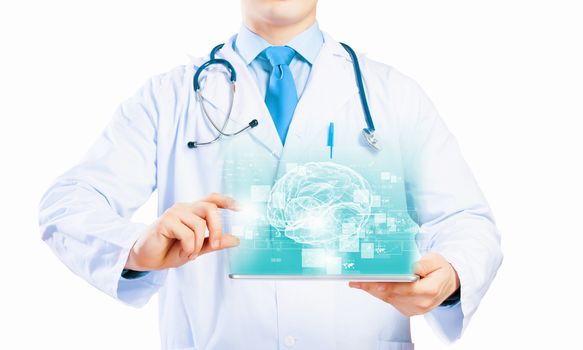 Close up of doctor's body holding tablet pc with media illustration