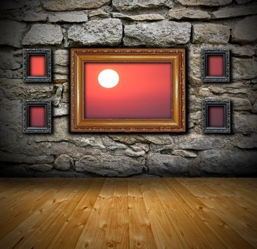 beautiful red sunset seen through frames from grunge interior