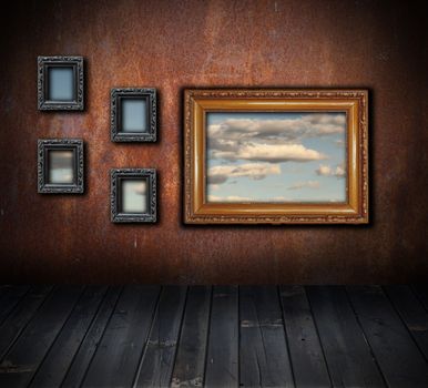 vintage interior backdrop with view to cloudy sky