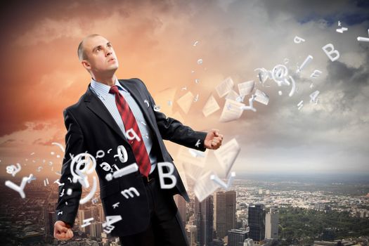 Image of young businessman in anger against illustration background