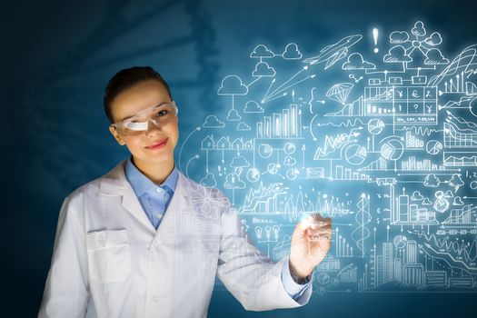 Young woman researcher in medical uniform drawing chemistry formulas