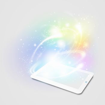 Image of tablet pc with color lights and splashes