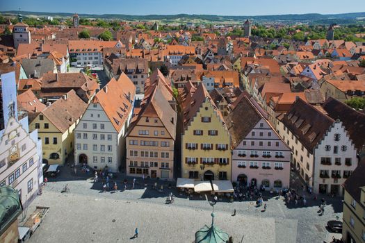 Panoramic view from the tower of the town hall on the roofs of the medieval town of Rothenburg ob der Tauber in Bavaria