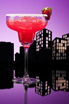 Metropolis strawberry Margarita  cocktail in city skyline setting