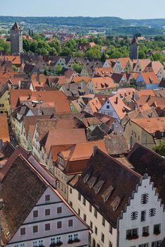 Panoramic view from the tower of the town hall on the roofs of the medieval town of Rothenburg ob der Tauber in Bavaria