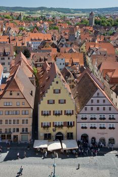 Panoramic view from the tower of the town hall on the roofs of the medieval town of Rothenburg ob der Tauber in Bavaria