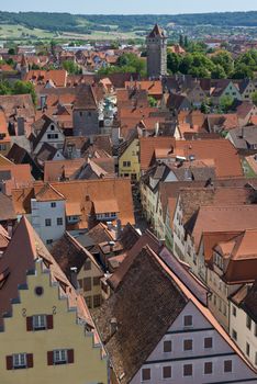 Panoramic view from the tower of the town hall on the roofs of the medieval town of Rothenburg ob der Tauber in Bavaria