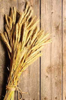 Rye spikelets on wooden background