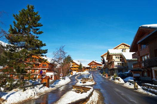 Mountain ski resort with snow in winter, Meribel, Alps, France